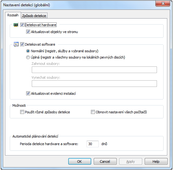 Okno Nastavení detekcí (globání)
